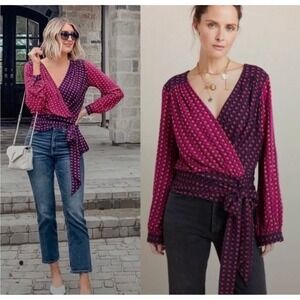 Maeve by Anthropologie Lisa Puff Sleeve Faux Wrap Blouse Tie Front Size 4 Pink